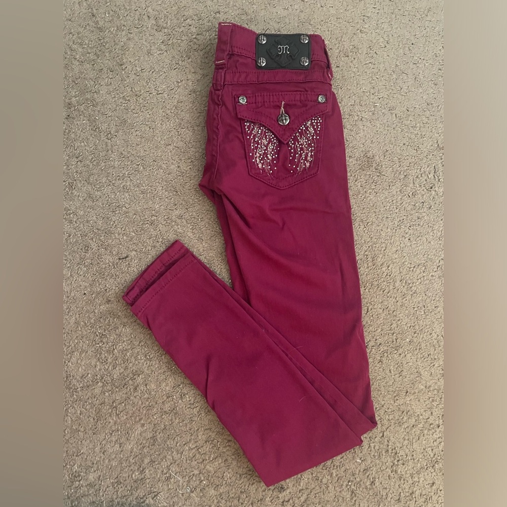 Miss Me Skinny Jeans with Rasberry Angel Wing Bedazzeled Rhinestone Back Pockets